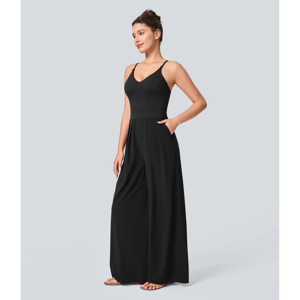Halara Breezeful Backless Side Zipper Jumpsuit Pocket Wide Leg Small Tall Black